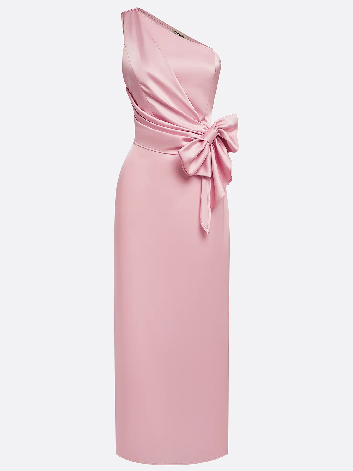 Pink Bow One-Shoulder Satin Sheath Maxi Dress 