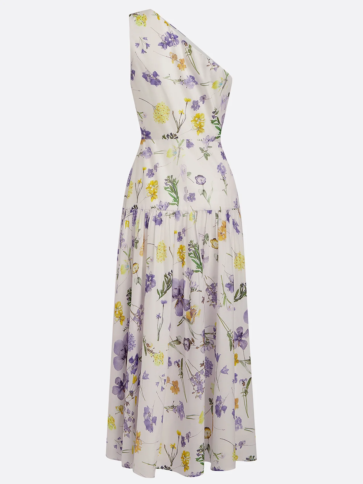 White Floral Chiffon One Shoulder Sleeveless A-Line Midi Dress