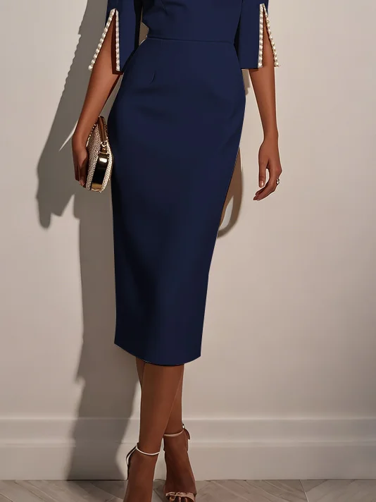Purplish blue Imitation Pearls Classic Crew Neck Half Sleeve Sheath Midi Dress