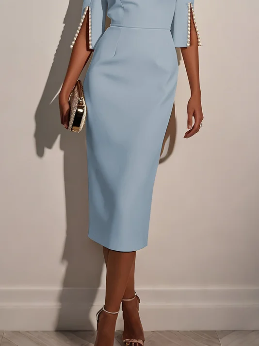 Light Blue Imitation Pearls Classic Crew Neck Half Sleeve Sheath Midi Dress