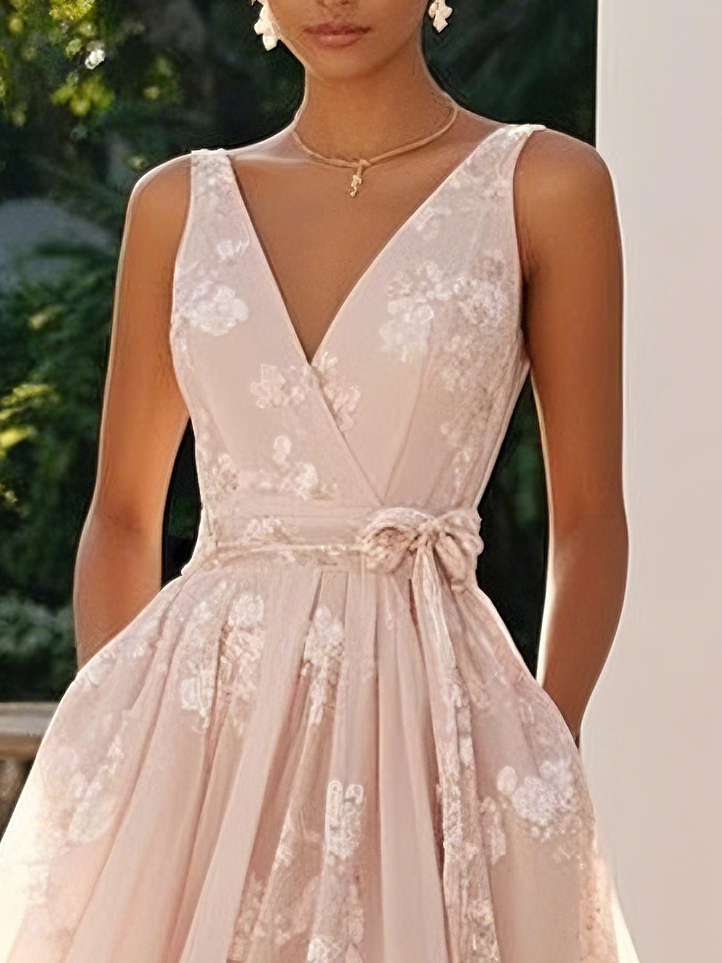 Light Pink Embroidered V Neck Sleeveless A-Line Midi Dress