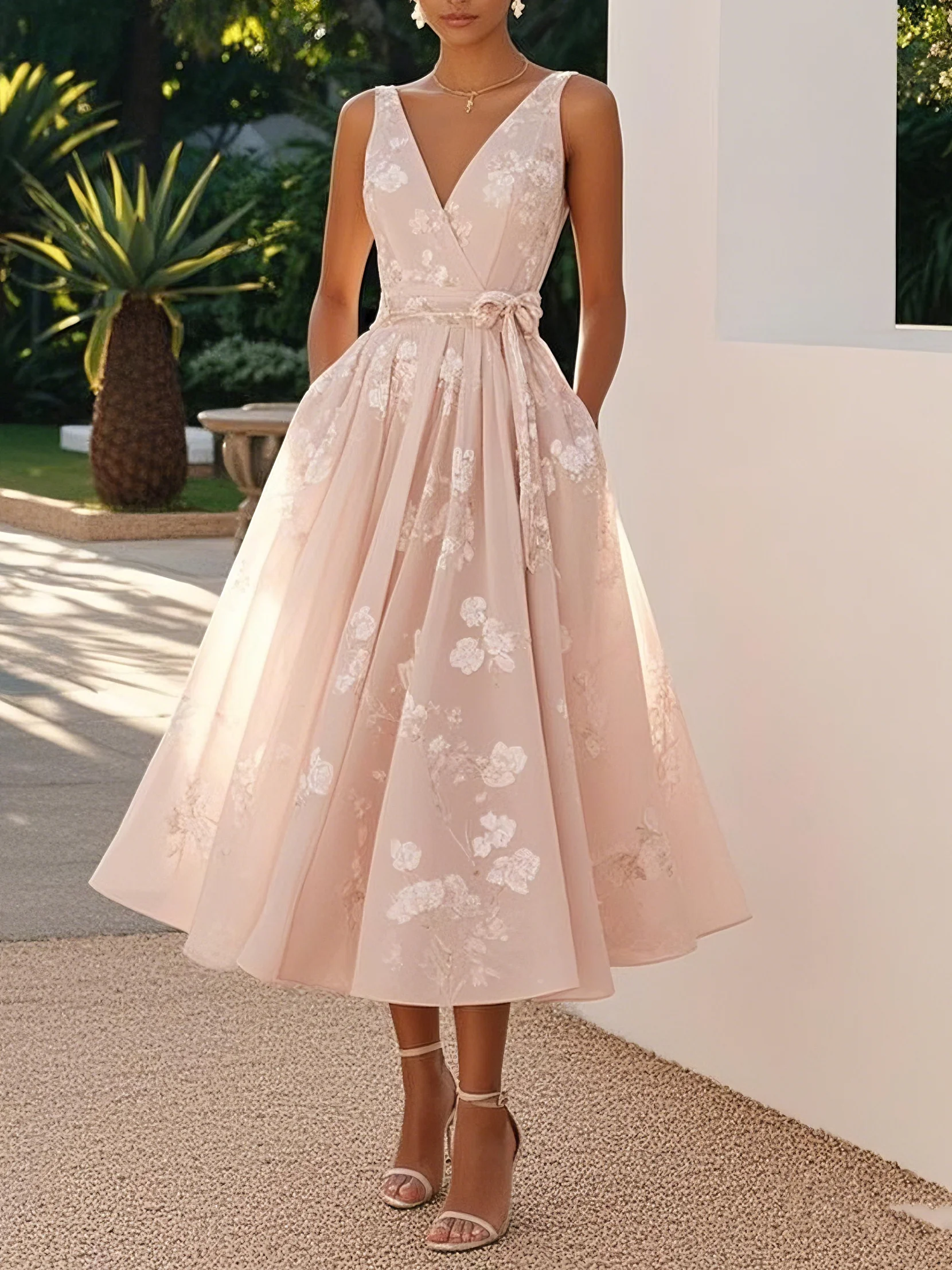 Light Pink Embroidered V Neck Sleeveless A-Line Midi Dress