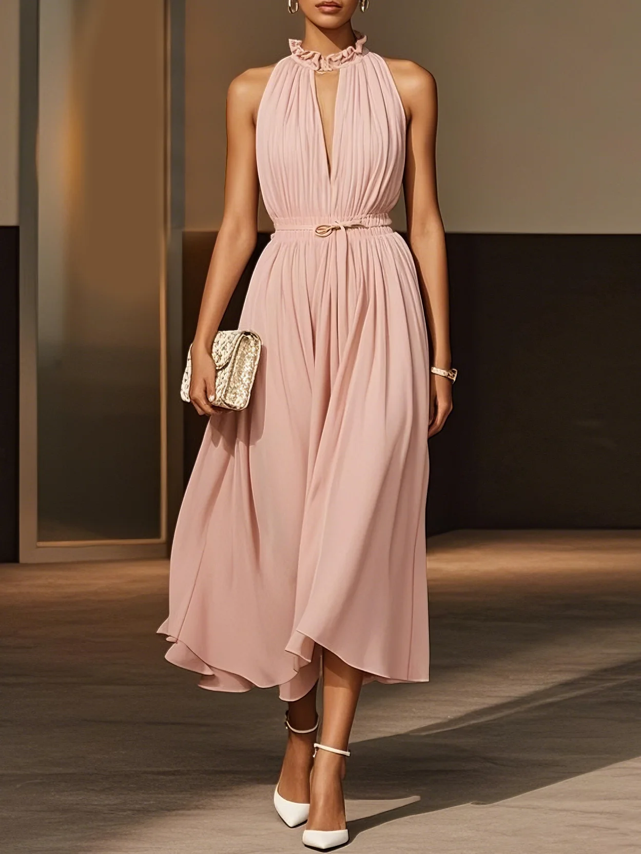 Pink Scramble Chiffon Lotus Leaf Collar Sleeveless A-Line Maxi Dress