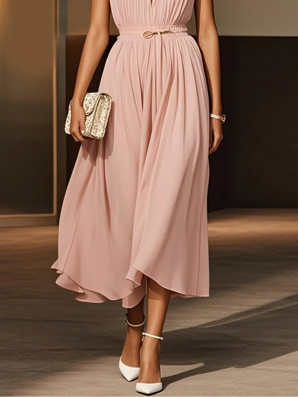 Pink Scramble Chiffon Lotus Leaf Collar Sleeveless A-Line Maxi Dress