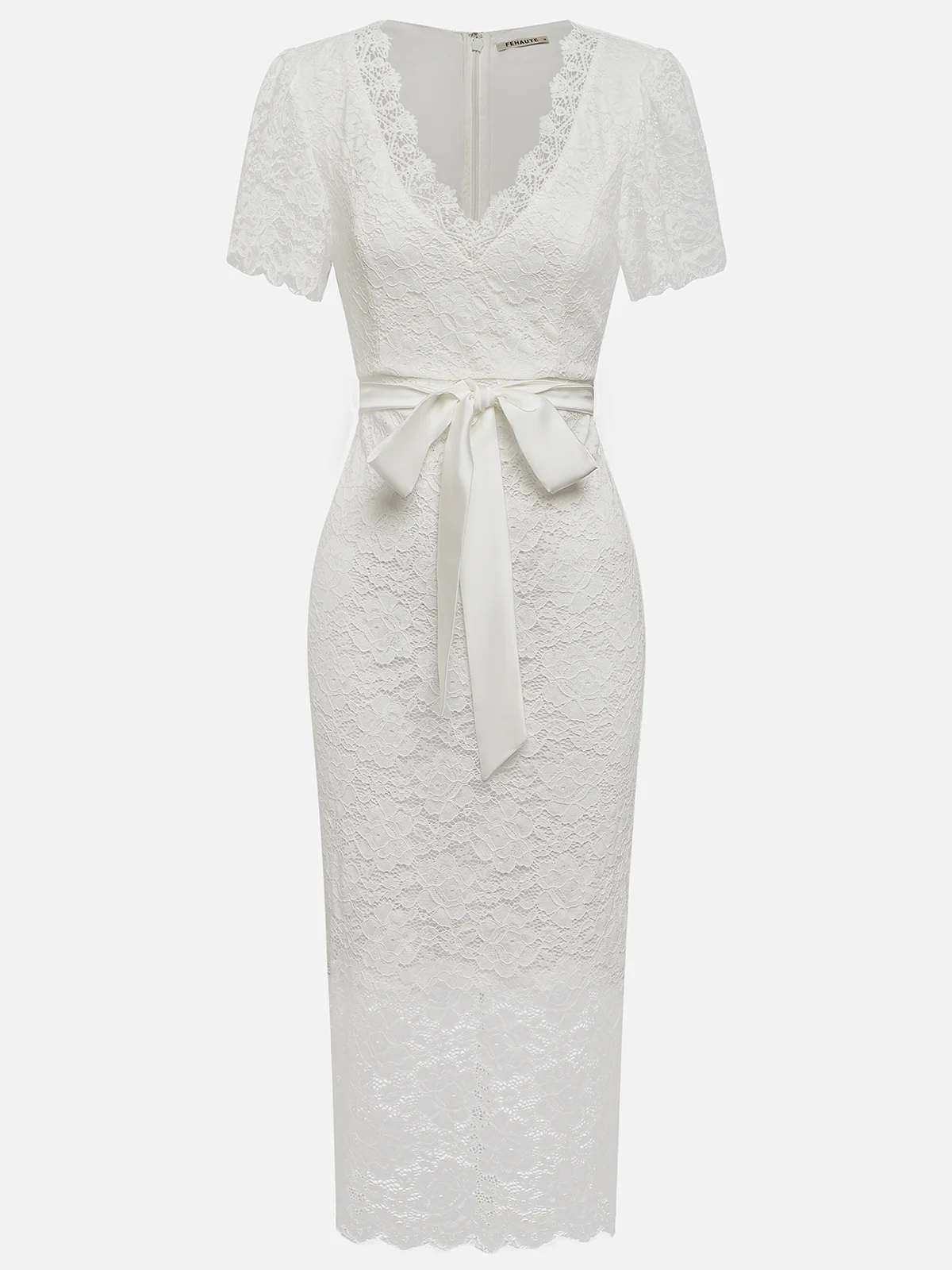 White Bow Lace V Neck Short Sleeve Sheath Midi Dress