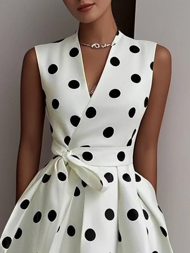 White Polka Dots V Neck Sleeveless A-Line Midi Dress