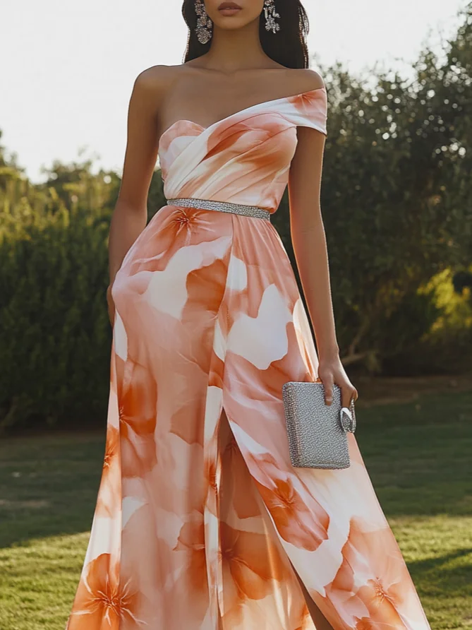 Orange Multicolor Rhinestone Slit Chiffon One Shoulder Sleeveless A-Line Maxi Dress