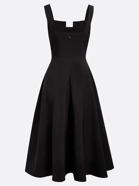 Black Buckle Notched Sleeveless A-Line Midi Dress