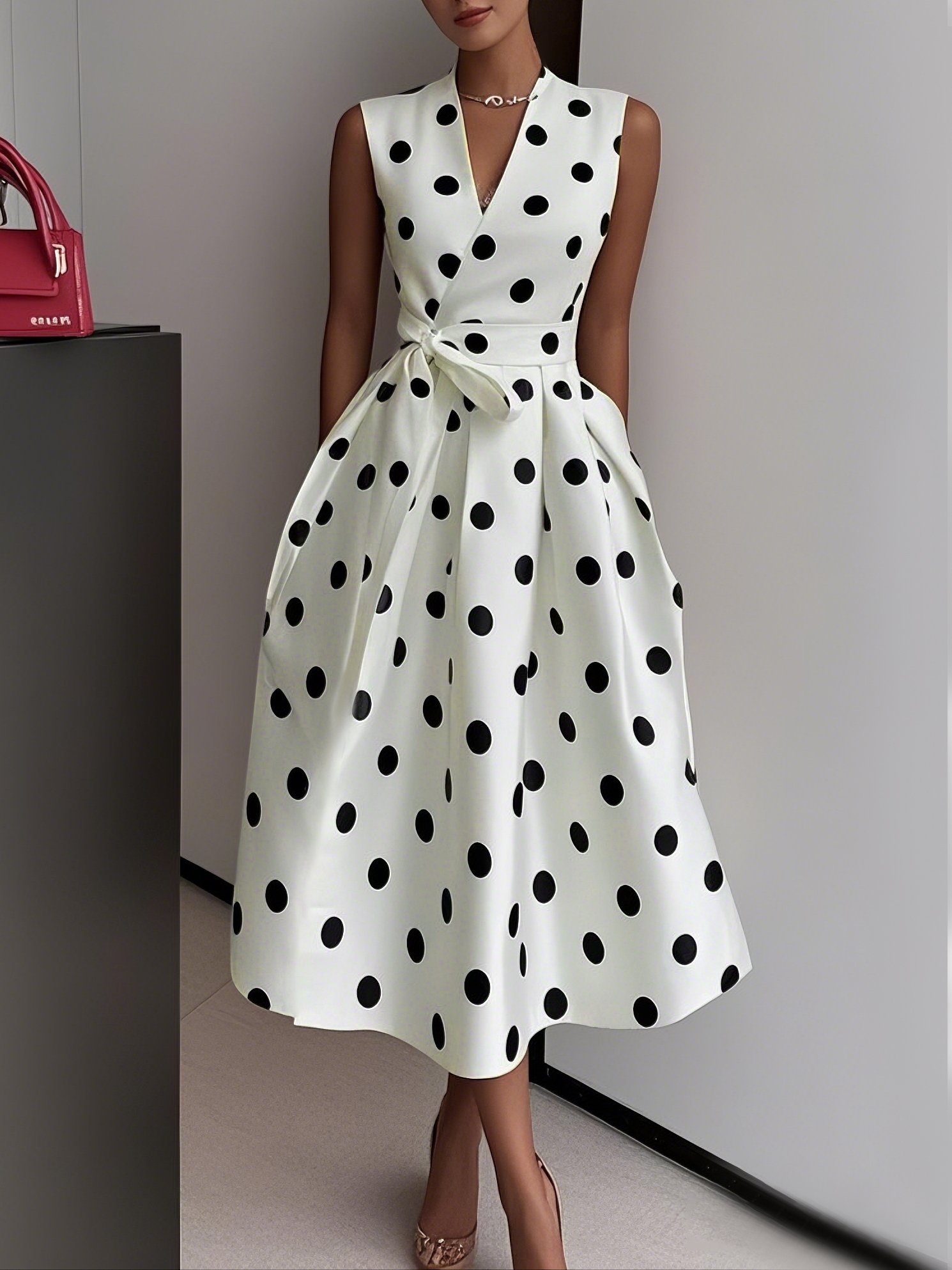 White Polka Dots V Neck Sleeveless A-Line Midi Dress