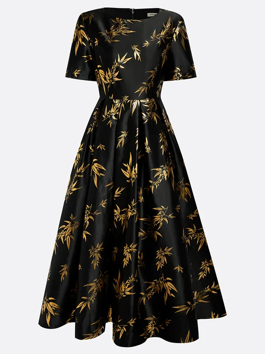 Black Gold Hot Stamping Floral Short Sleeve A-Line Maxi Dress