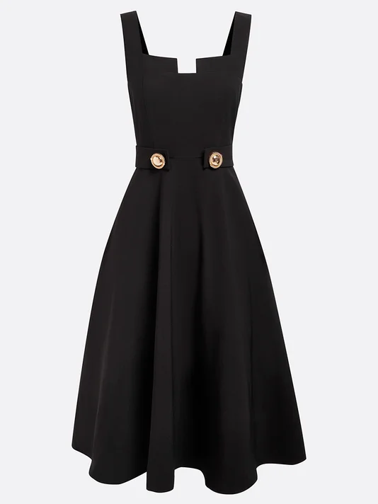 Black Buckle Notched Sleeveless A-Line Midi Dress