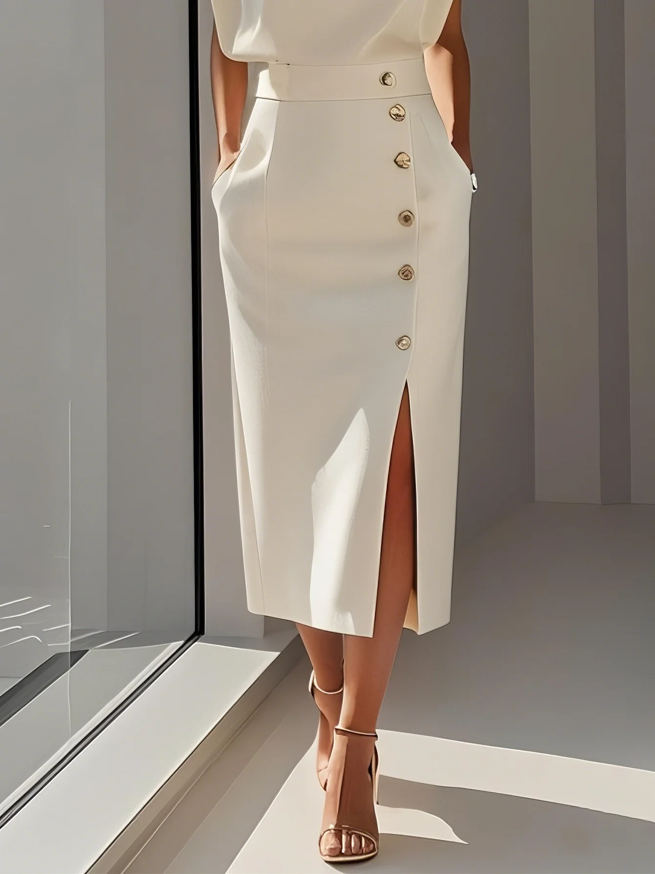Off White Button Slit Crew Neck Sheath Midi Dress