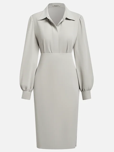 Light Gray Classic Shirt Collar Long Sleeve Sheath Midi Two-Piece Dress