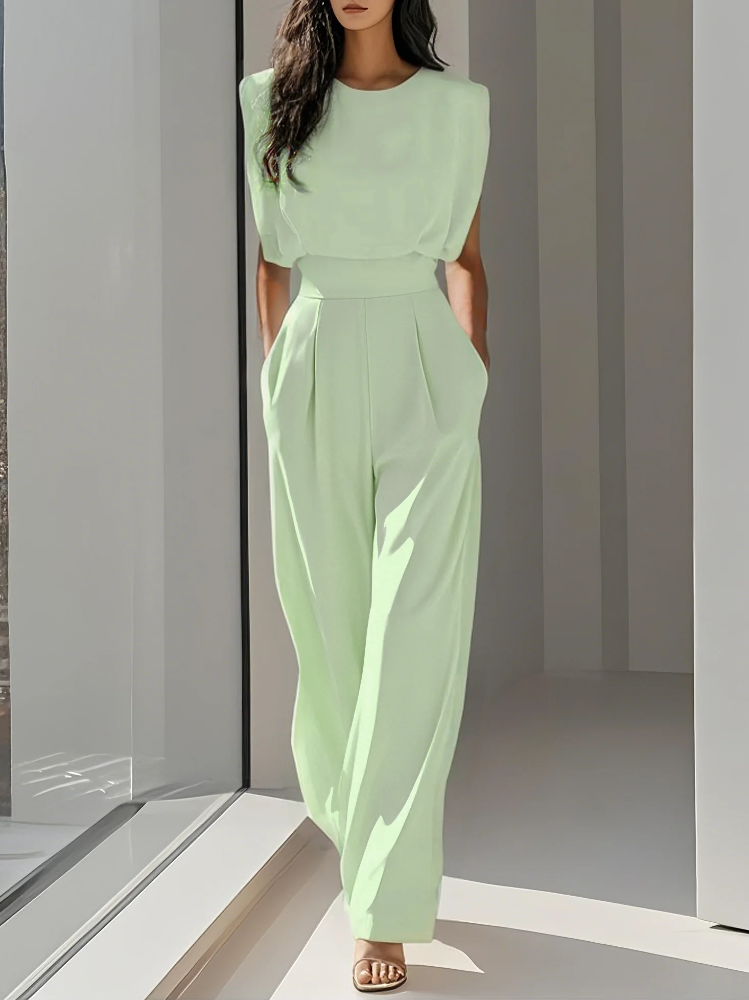 Lightgreen Crew Neck Plain Ruched Urban Jumpsuit 