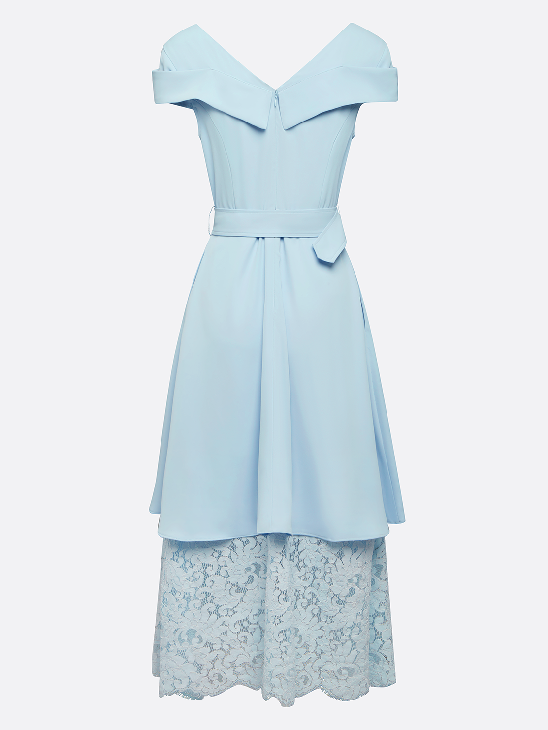Light Blue Lace Classic V Neck Short Sleeve A-Line Midi Dress