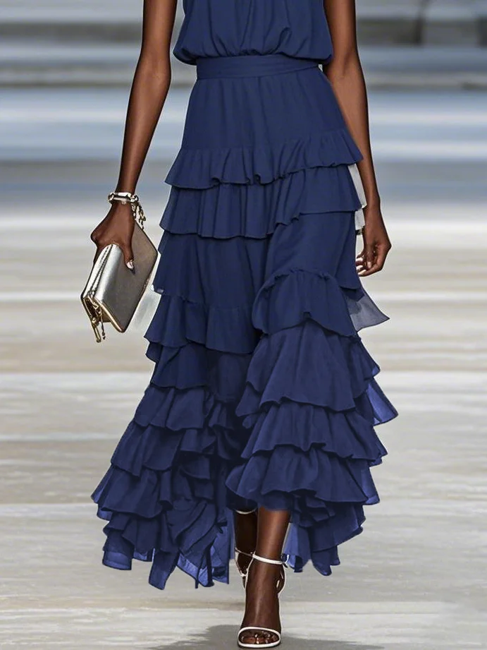 Purplish Blue Peplum Chiffon Halter Sleeveless A-Line Maxi Dress