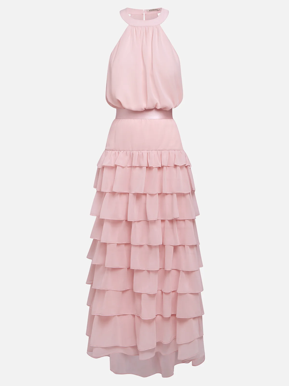 Pink Peplum Chiffon Halter Sleeveless A-Line Maxi Two-piece Dress
