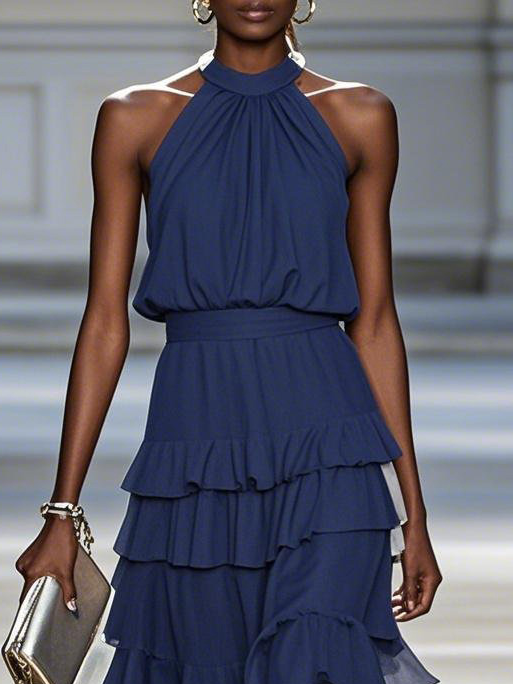 Purplish Blue Peplum Chiffon Halter Sleeveless A-Line Maxi Dress