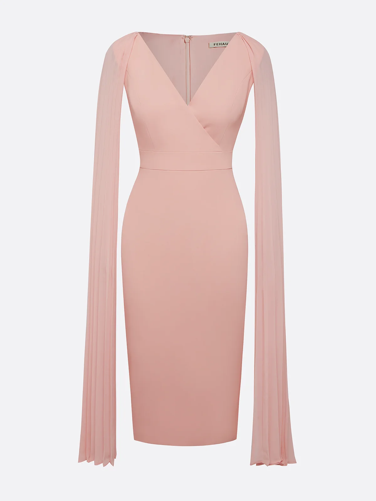 Light Pink Pleated V Neck Sheath Midi Dress