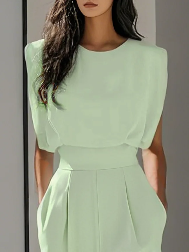 Lightgreen Crew Neck Plain Ruched Urban Jumpsuit 