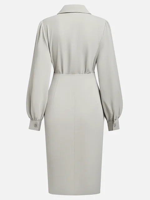 Light Gray Classic Shirt Collar Long Sleeve Sheath Midi Two-Piece Dress