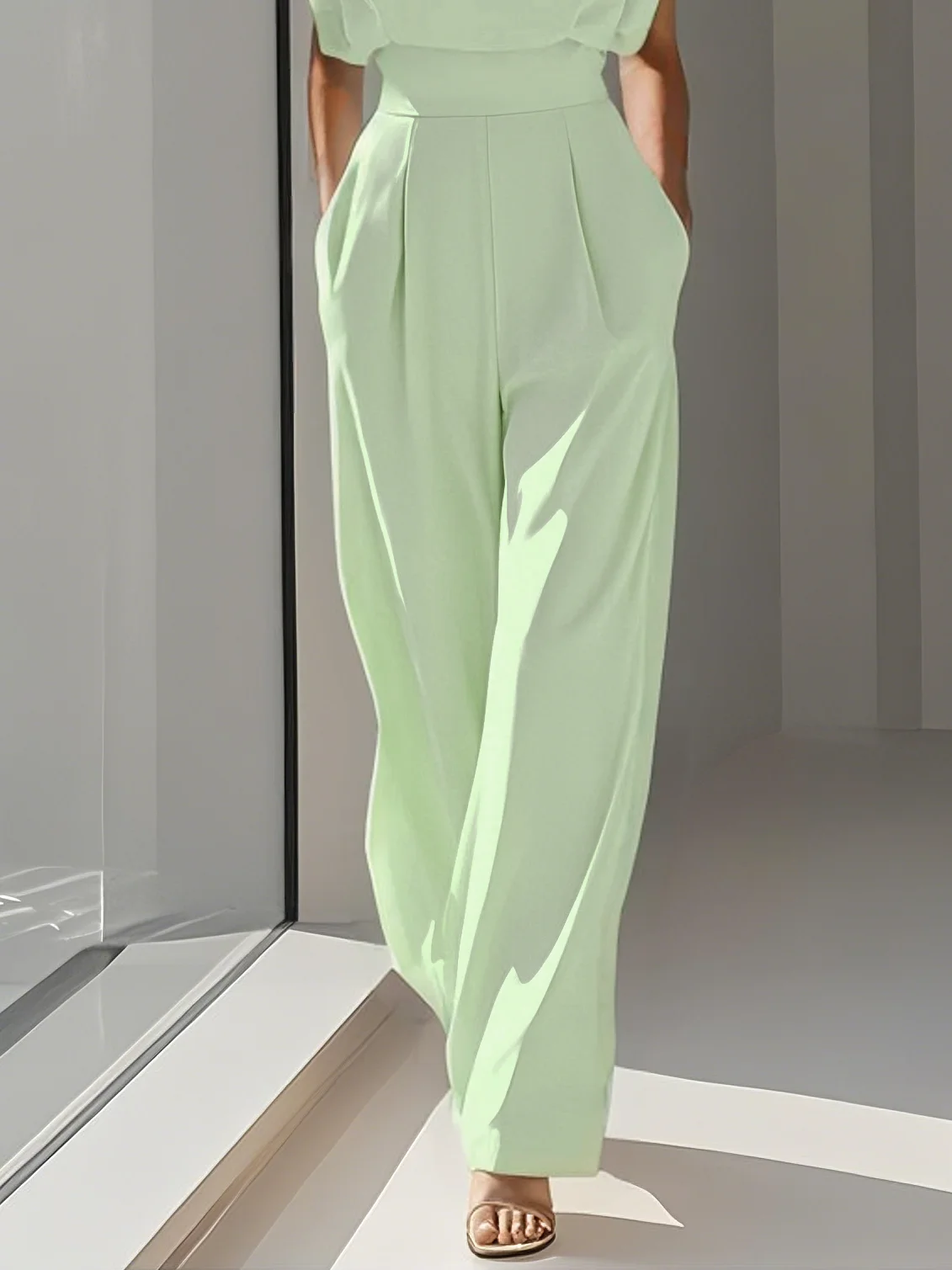 Lightgreen Crew Neck Plain Ruched Urban Jumpsuit 