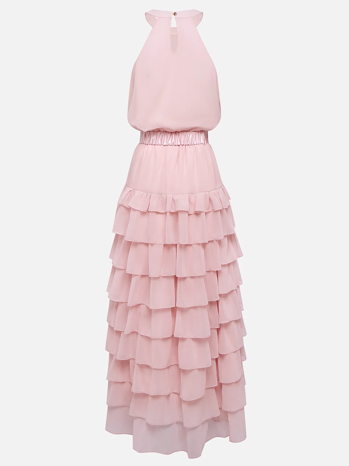 Pink Peplum Chiffon Halter Sleeveless A-Line Maxi Two-piece Dress