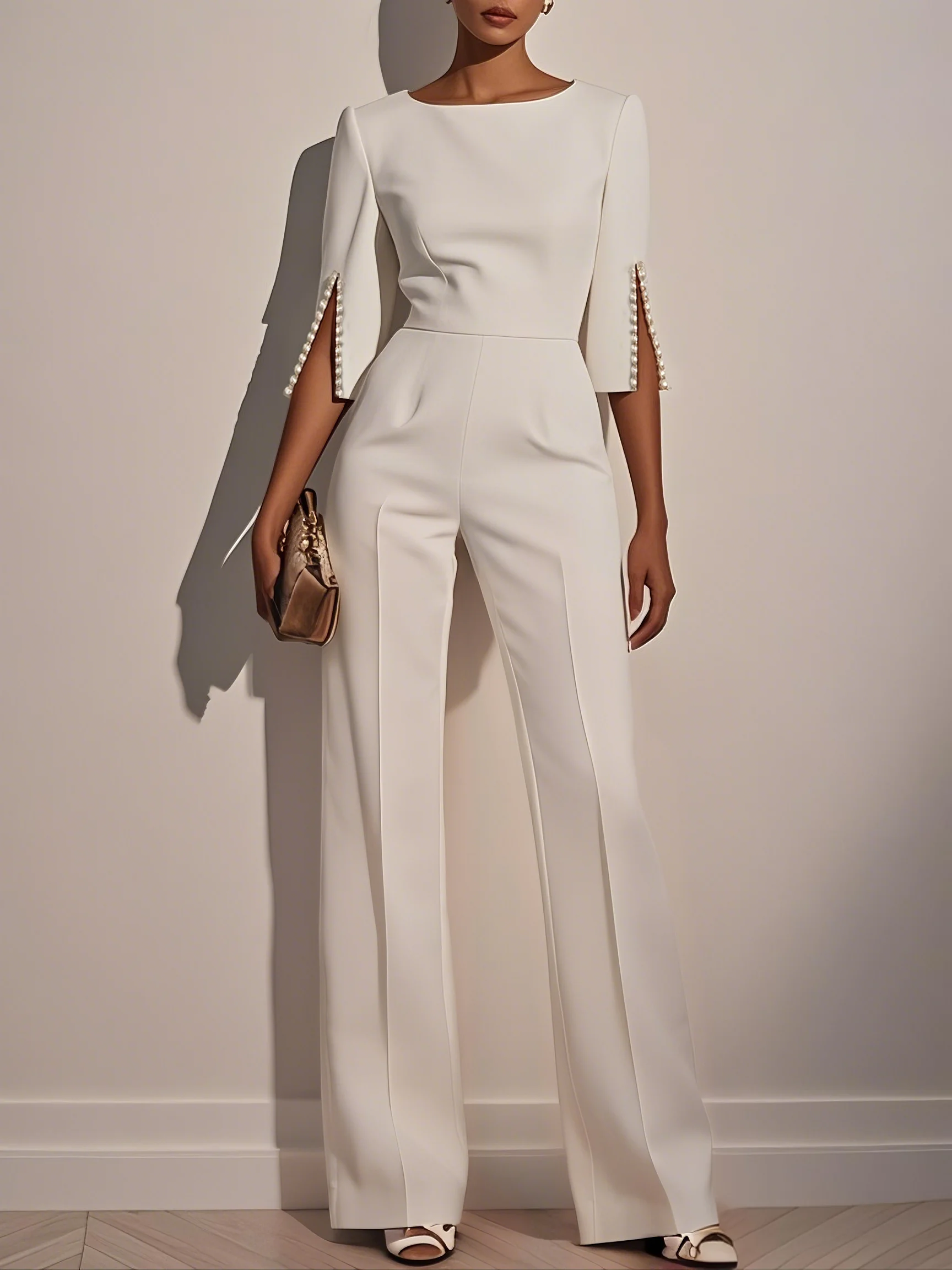 White Boat Neck Plain Regular Fit Urban Jumpsuit