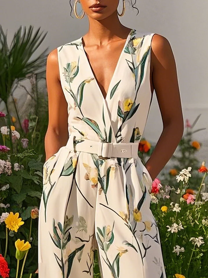 White Urban Regular Fit V Neck Floral Jumpsuit