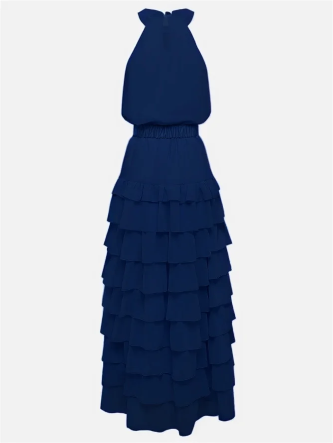 Purplish Blue Peplum Chiffon Halter Sleeveless A-Line Maxi Dress