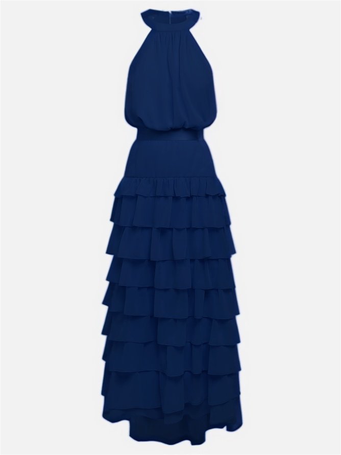 Purplish Blue Peplum Chiffon Halter Sleeveless A-Line Maxi Dress