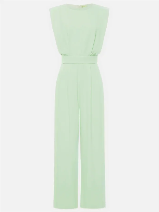 Lightgreen Crew Neck Plain Ruched Urban Jumpsuit 
