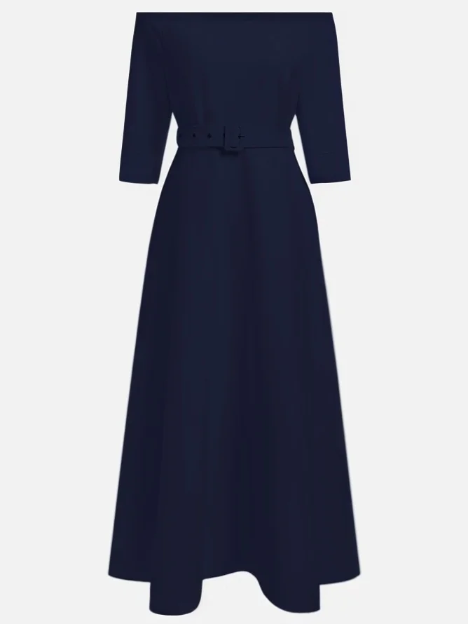 Purplish blue Classic Off The Shoulder Half Sleeve A-Line Maxi Dress