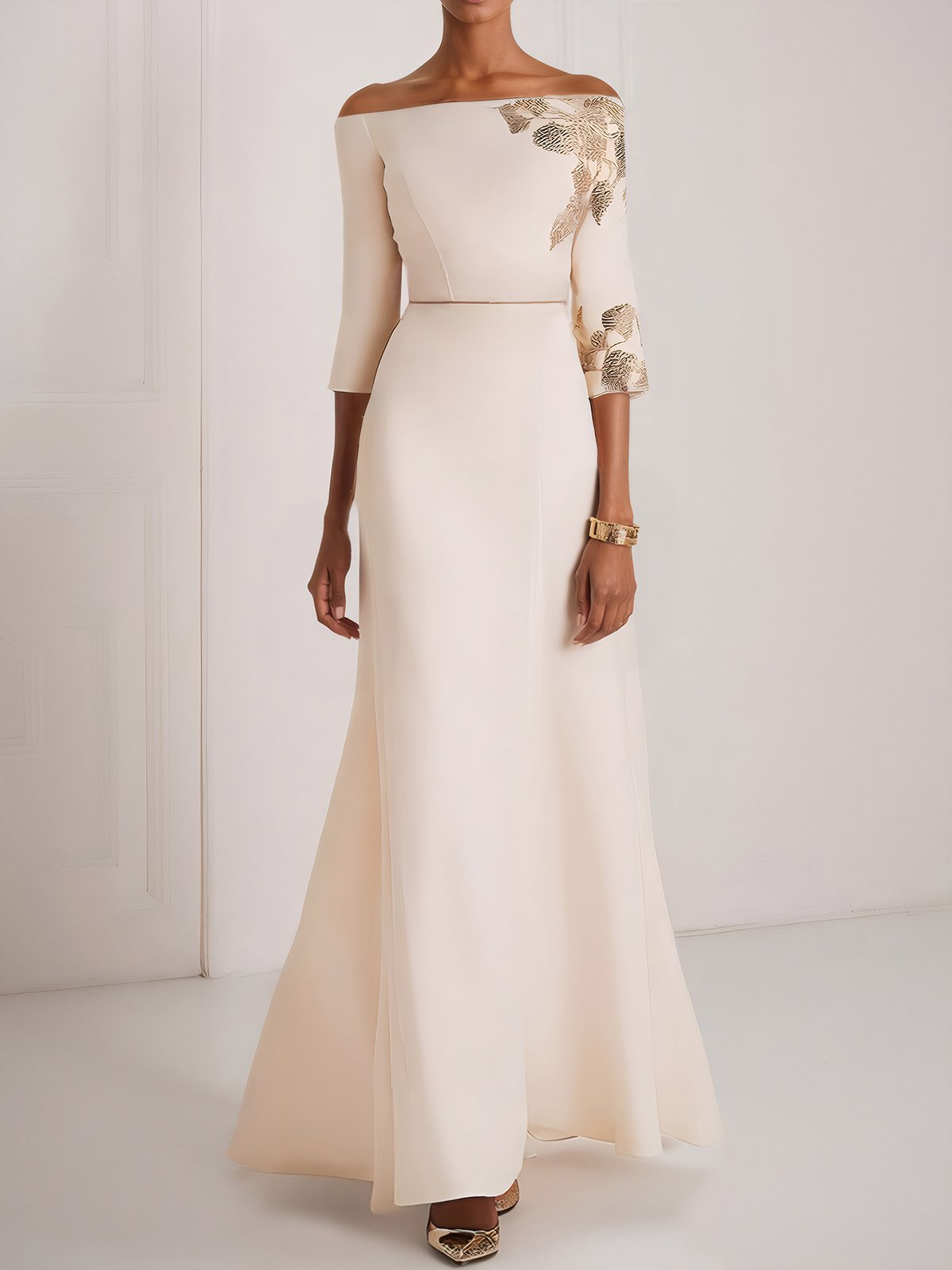 White Embroidery Classic Off The Shoulder Half Sleeve A-Line Maxi Dress
