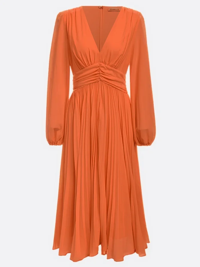 Orange Pleated V Neck Balloon Sleeve A-Line Midi Chiffon Dress