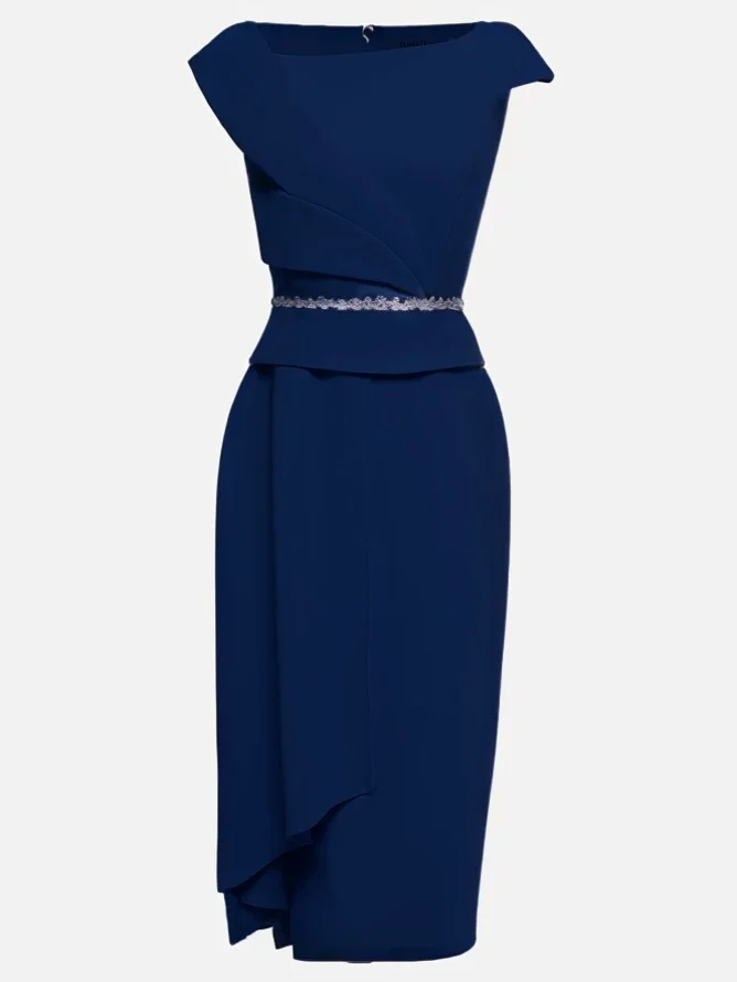 Pink Asymmetrical Neck Cap Sleeve Rhinestone A-Line Midi Dress 