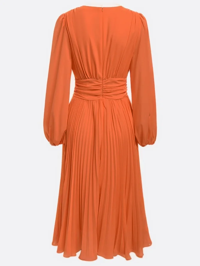 Orange Pleated V Neck Balloon Sleeve A-Line Midi Chiffon Dress