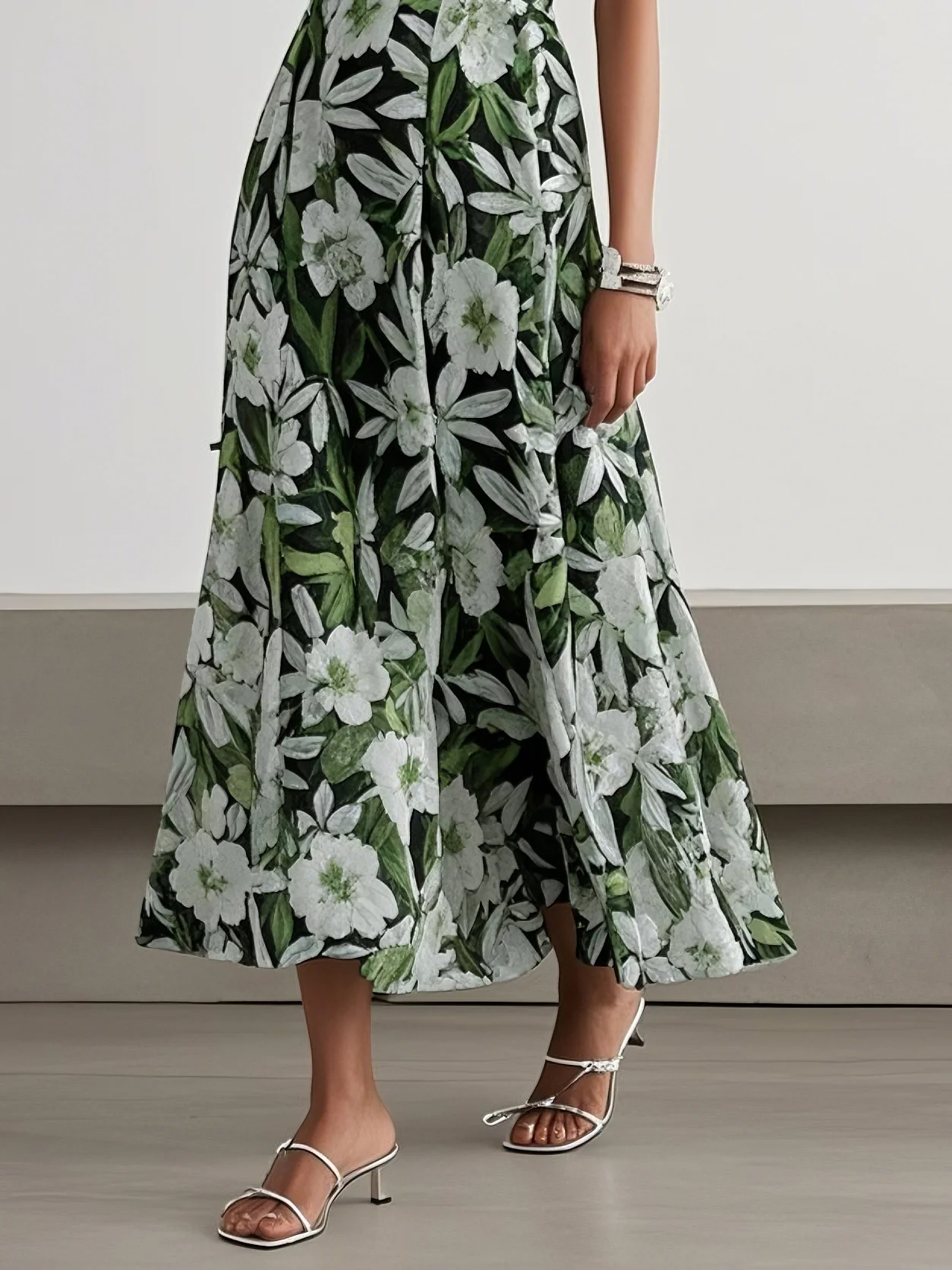 Green Cut Out Floral A-Line Maxi Chiffon Dress