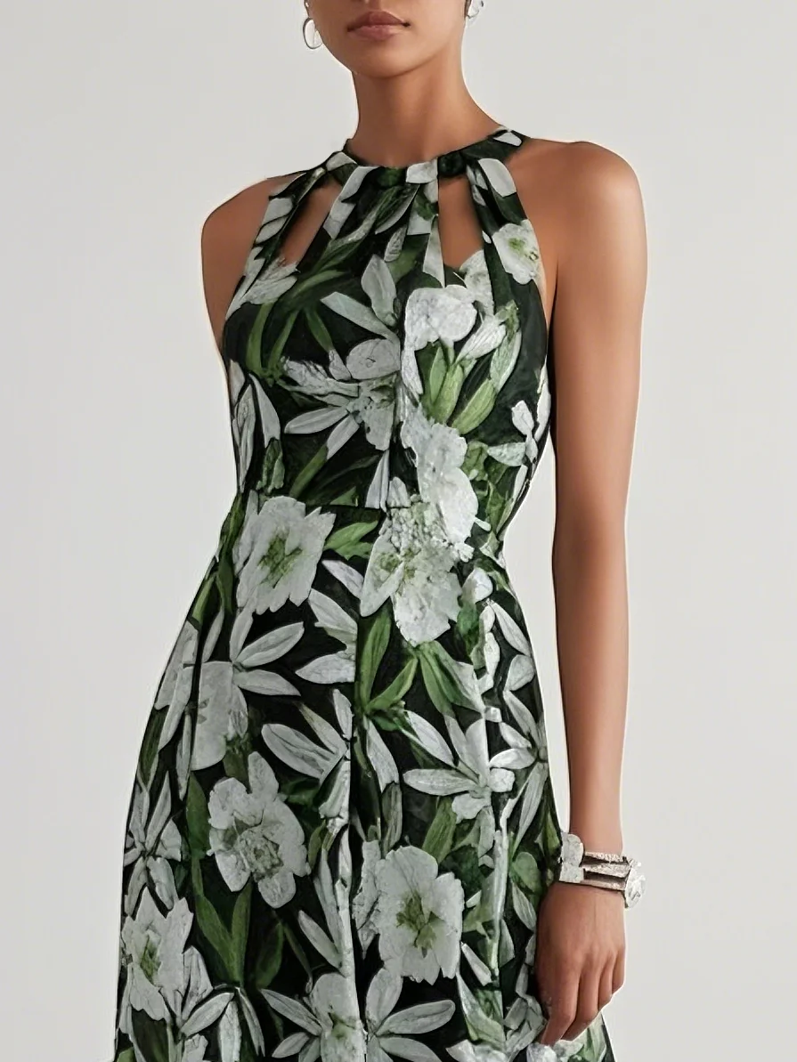 Green Cut Out Floral A-Line Maxi Chiffon Dress