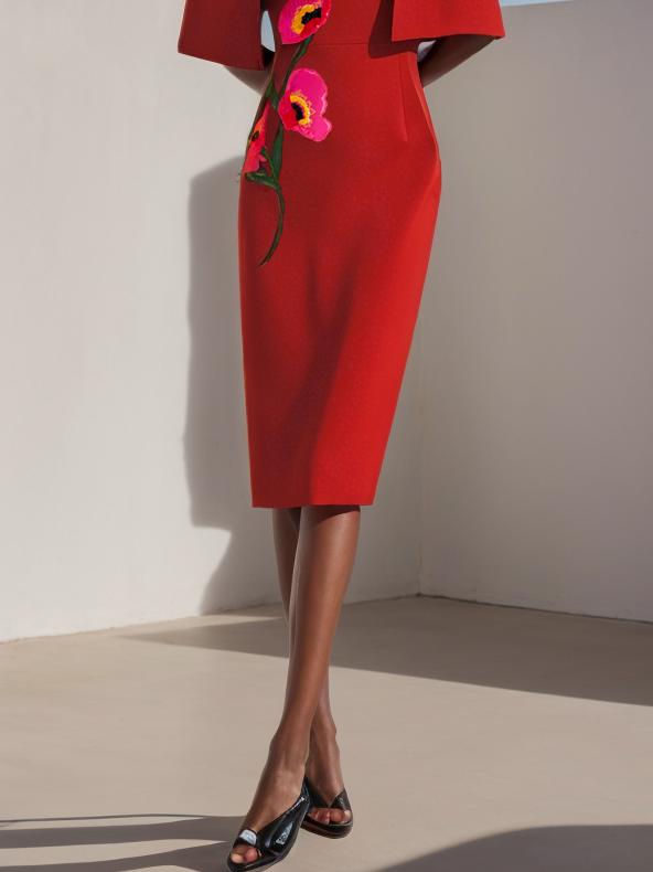 Red Embroidery Floral Half Sleeve Sheath Midi Dress