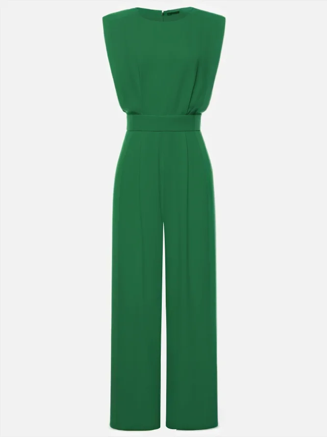 Green Crew Neck Plain Ruched Urban Jumpsuit