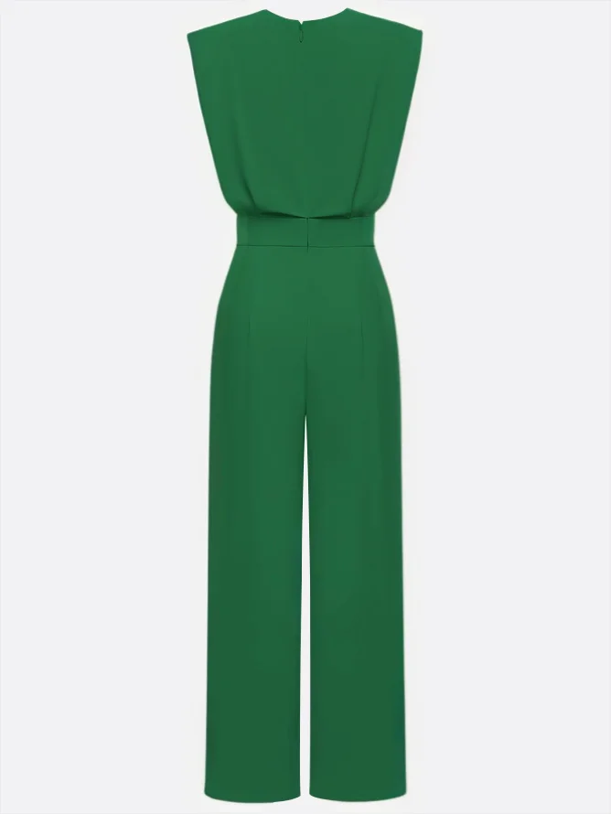 Green Crew Neck Plain Ruched Urban Jumpsuit