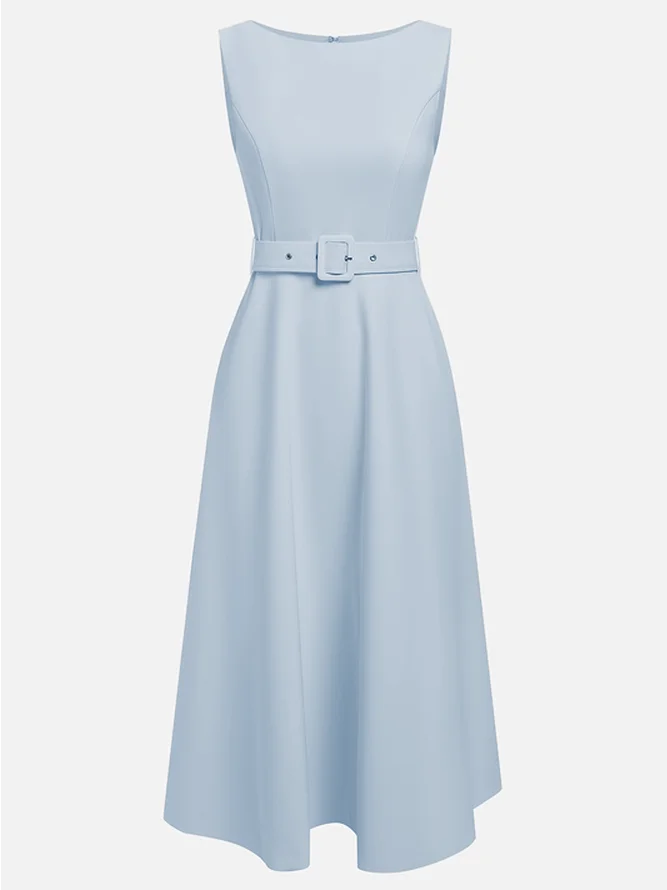 Light Blue Classic Boat Neck Sleeveless A-Line Midi Dress