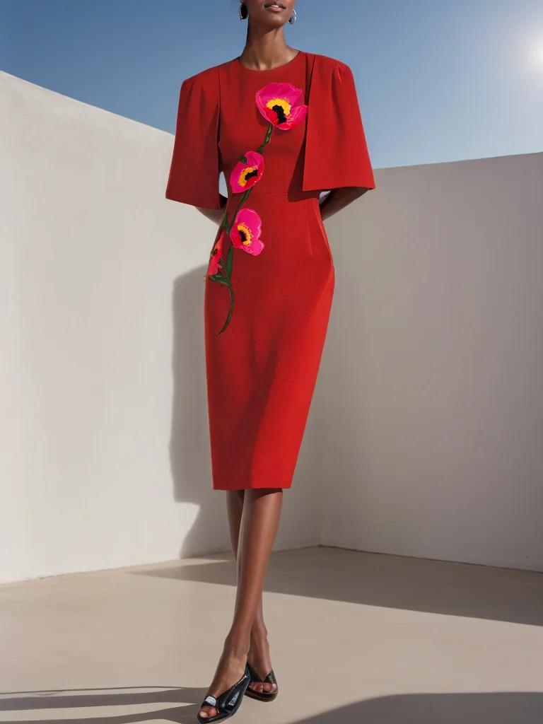 Red Embroidery Floral Half Sleeve Sheath Midi Dress
