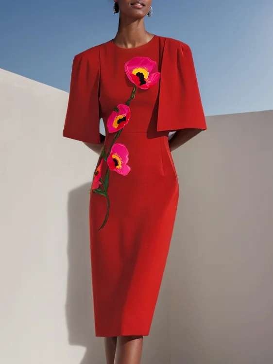 Red Embroidery Floral Half Sleeve Sheath Midi Dress