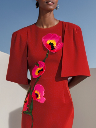 Red Embroidery Floral Half Sleeve Sheath Midi Dress