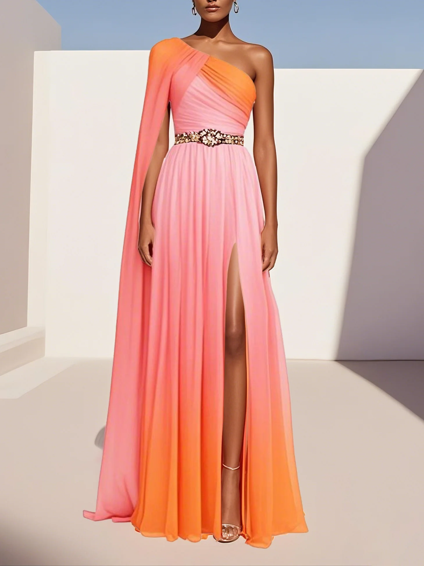 Pink Side-Slit One Shoulder Sleeveless A-Line Gown Chiffon Dress