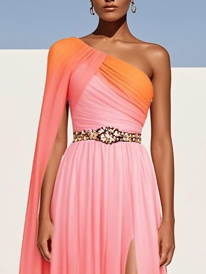 Pink Side-Slit One Shoulder Sleeveless A-Line Gown Chiffon Dress