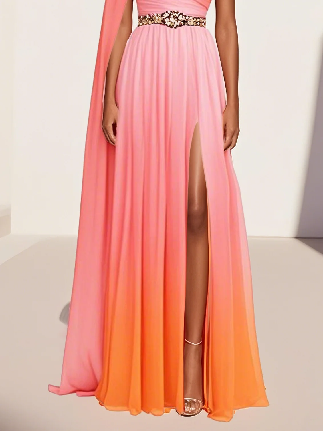 Pink Side-Slit One Shoulder Sleeveless A-Line Gown Chiffon Dress