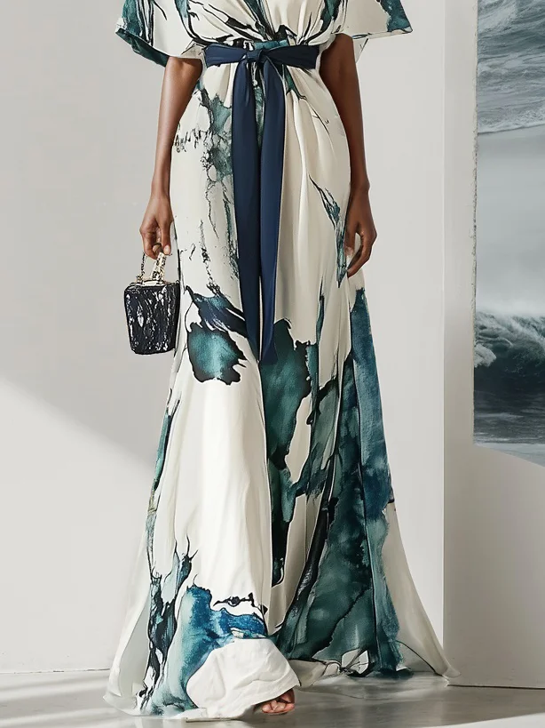 Blue Classic V Neck Short Sleeve A-Line Maxi Dress